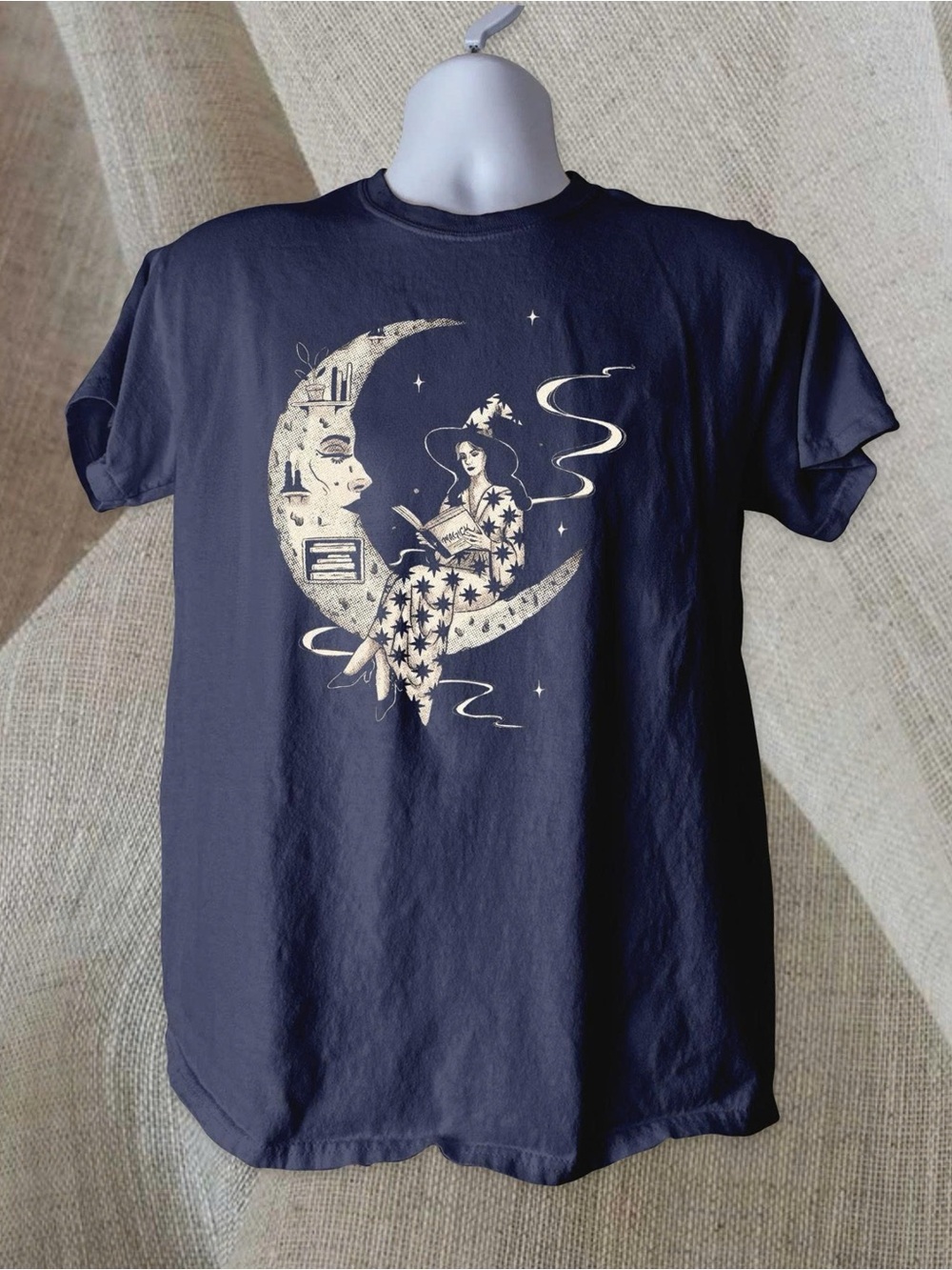 Gildan Navy Tee with Cream Moon Reader Celestial Graphic T-shirt